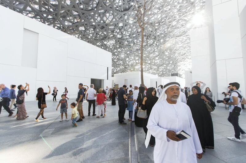 Abu Dhabi, United Arab Emirates, November 11, 2017:    Visitors attend the opening day at the Louvre Abbu Dhabi on Saadiyat Island in Abu Dhabi on November 11, 2017. Christopher Pike / The National

Reporter: James Langton, John Dennehy
Section: News