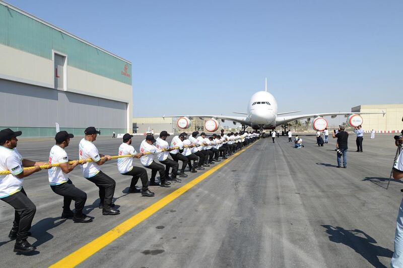 Fifty-six officers pulled an EMirates A380 over 100 metres for the Duabi Fitness Challenge.