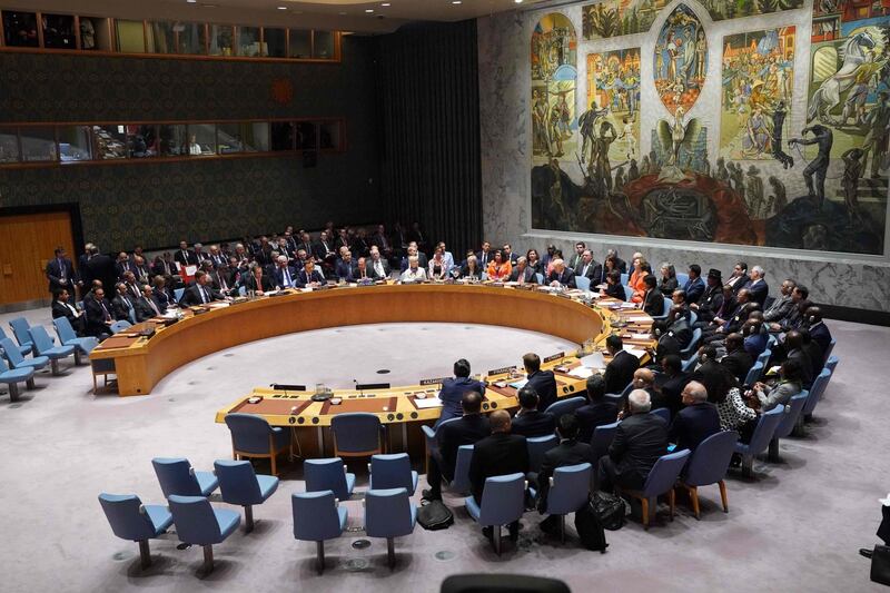 The United Nations Security Council attends a briefing on counterproliferation at the United Nations in New York on the second day of the UN General Assembly September 26, 2018.                     / AFP / Don EMMERT
