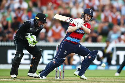 HAMILTON, NEW ZEALAND - FEBRUARY 18: Eoin Morgan of England plays the ball away for four runs during the International Twenty20 match between New Zealand and England at Seddon Park on February 18, 2018 in Hamilton, New Zealand.  (Photo by Hannah Peters/Getty Images)