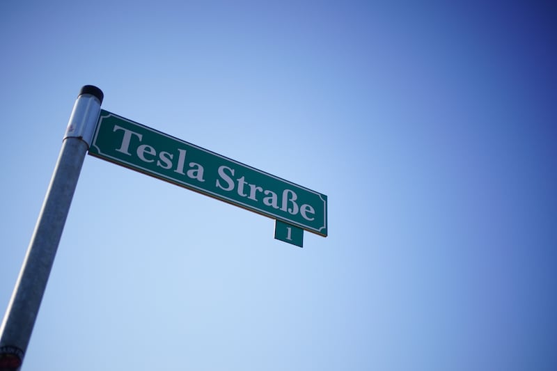 A road sign reading 'Tesla Street' at the new plant.  EPA