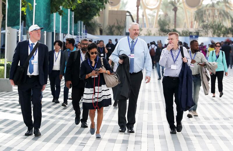 Delegates in the Blue Zone on the fifth day of Cop28 at the Expo City Dubai.  Pawan Singh / The National