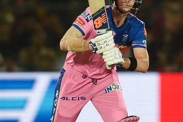 Rajasthan Royals' Steve Smith looks on after playing a shot during the 2019 Indian Premier League (IPL) Twenty20 cricket match between Rajasthan Royals and Kings XI Punjab at the Sawai Mansingh stadium in Jaipur on March 25, 2019. (Photo by Money SHARMA / AFP) / IMAGE RESTRICTED TO EDITORIAL USE - STRICTLY NO COMMERCIAL USE