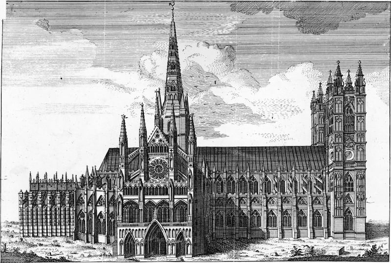 Westminster Abbey in 1740 with the new towers and spires as designed by Christopher Wren and built by Nicholas Hawksmoor