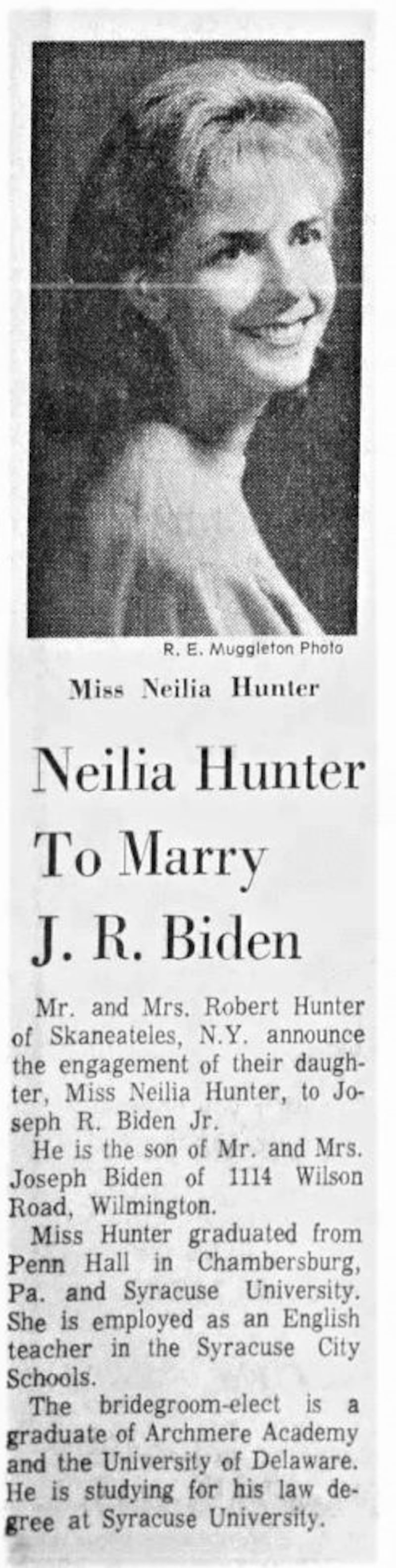 The wedding announcement for Neilia Hunter and Joe Biden. Public Domain