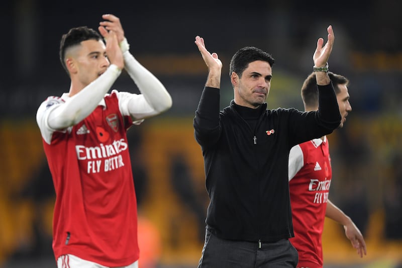 Arsenal coach Mikel Arteta applauds fans following the victory over Wolves on November 13, their last Premier League outing. Getty