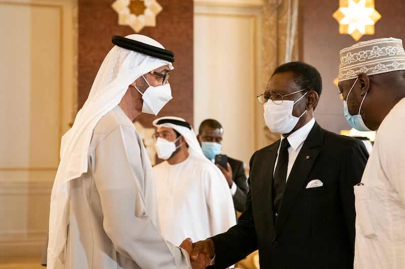 Teodoro Obiang Nguema Mbasogo, president of Equatorial Guinea, centre, offers condolences to the President, Sheikh Mohamed.