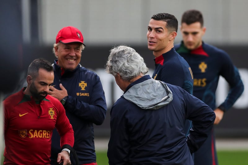 Portugal's Cristiano Ronaldo and teammates attend their training session. EPA