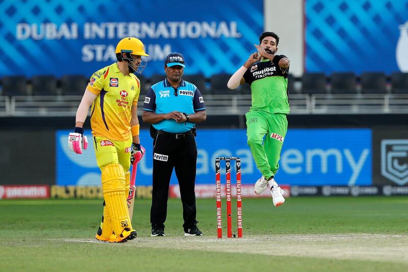 Mohammed Siraj of Royal Challengers Bangalore bowling during match 44 of season 13 of the Dream 11 Indian Premier League (IPL) between the Royal Challengers Bangalore and the Chennai Super Kings held at the Dubai International Cricket Stadium, Dubai in the United Arab Emirates on the 25th October 2020.  Photo by: Saikat Das  / Sportzpics for BCCI