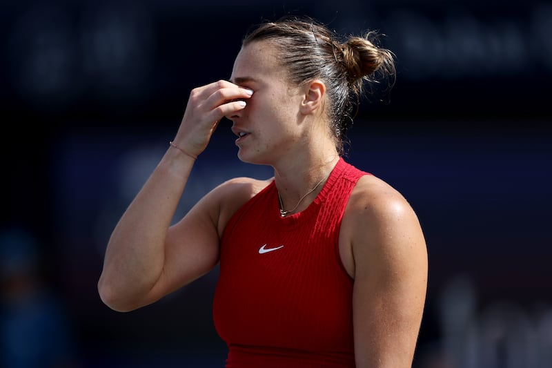 Aryna Sabalenka looks dejected during defeat to Donna Vekic in their second round women's singles match at the Dubai Duty Free Tennis Championships. Getty Images 