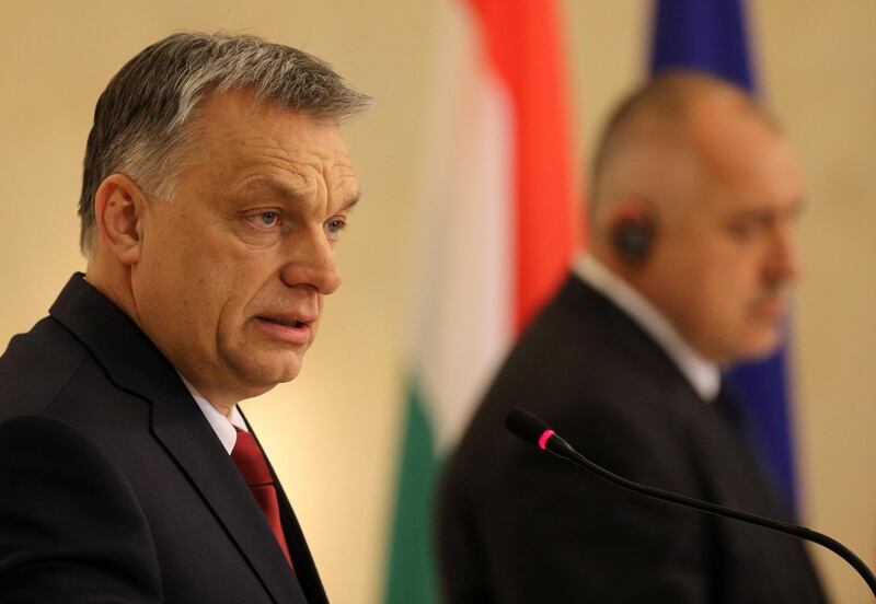 Hungarian Prime Minister Viktor Orban speaks during a joint news conference with Bulgaria's Prime Minister Boyko Borissov in Sofia, Bulgaria, February 19, 2018. REUTERS/Stoyan Nenov