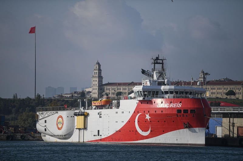 This file photo taken on August 23, 2019 in Istanbul shows a view of Turkish General Directorate of Mineral research and Exploration's (MTA) Oruc Reis seismic research vessel docked at Haydarpasa port, which searches for hydrocarbon, oil, natural gas and coal reserves at sea. Turkey on August 27, 2020 extended its controversial Mediterranean gas exploration mission and ordered new navy drills as its row with Greece and France over energy and borders threatened to spiral out of control. The Turkish navy said it was prolonging the stay of the Oruc Reis research vessel and its accompanying warships in waters claimed by Greece by an extra five days to Tuesday.
 / AFP / Ozan KOSE
