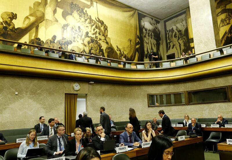 US Ambassador Robert Wood and members of the delegations walk out in protest at Syria's presidency of the Conference on Disarmament at the United Nations in Geneva, Switzerland. Denis Balibouse / Reuters