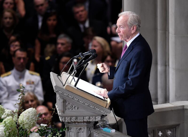 Former US Senator Joe Lieberman speaks during a memorial service for John McCain.  AFP