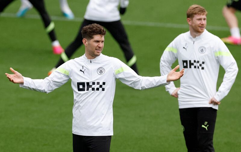 City's John Stones and Kevin De Bruyne during training. Reuters