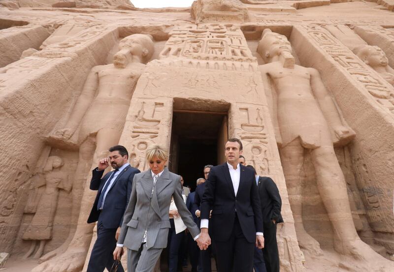 French president Emmanuel Macron and his wife Brigitte visit the temple of Abu Simbel in southern Egypt. AFP
