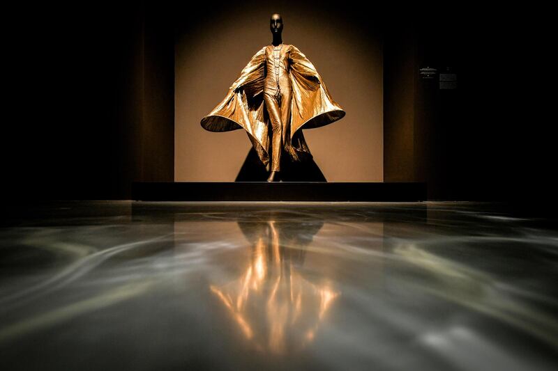 A golden haute couture dress by Pierre Cardin on display at the exhibition Pierre Cardin: Fashion Futurist at the Museum Kunstpalast in Duesseldorf, Germany, in September 2019. EPA