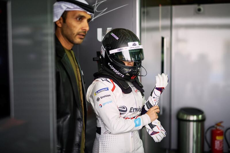 RIYADH, SAUDI ARABIA - DECEMBER 16: Formula E rookie test at Ad Diriyah on December 16, 2018 in Riyadh, Saudi Arabia. On this day, Kaspersky Lab sponsored Emirati racer Amna Al Qubaisi attends the Formula E rookie test in Saudi Arabia and takes the driving seat with Kaspersky Lab sponsored Envision Virgin Racing Formula E Team.  Amna Al Qubaisi is the first-ever female Emirati racing driver, joining the in-season rookie test among one of the most exciting and competitive line-ups of female drivers ever seen in motorsport. For info visit www.kaspersky.com December 16, 2018, in Ad Diriyah, Saudi Arabia. Ciao  (Photo by Guido De Bortoli/Getty Images Kaspersky Lab)