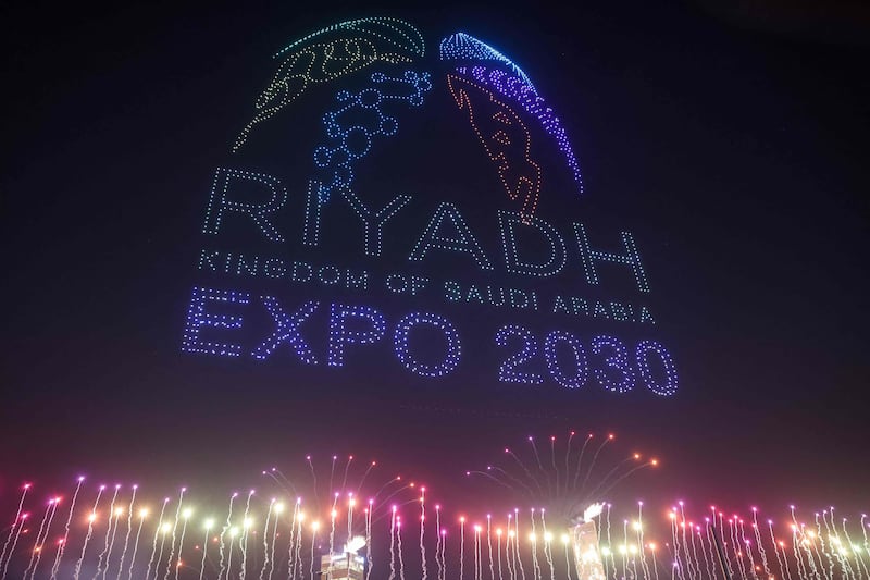A light display created using drones appears after Riyadh won the bid to host Expo 2030. AFP