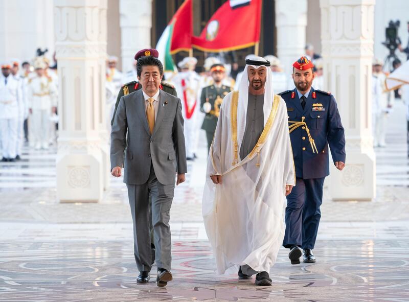 ABU DHABI, UNITED ARAB EMIRATES - January 13, 2020: HH Sheikh Mohamed bin Zayed Al Nahyan, Crown Prince of Abu Dhabi and Deputy Supreme Commander of the UAE Armed Forces (R), hosts a reception for HE Shinzo Abe, Prime Minister of Japan (L), at Qasr Al Watan.

( Hamad Al Kaabi / Ministry of Presidential Affairs )
---