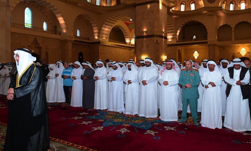 Sheikh Mohammed bin Hamad Al Sharqi, Crown Prince of Fujairah, prays for rain at Sheikh Zayed Mosque. Wam