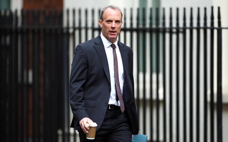 Britain's Foreign Secretary Dominic Raab arrives at Downing Street ahead of a cabinet meeting in London, Britain, July 14, 2020. REUTERS/Hannah McKay