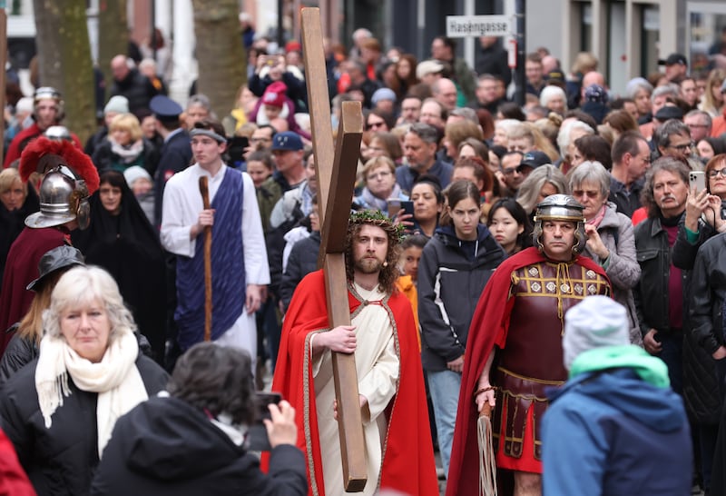 The Good Friday procession in Bensheim, western Germany, re-enacting the arrest, trial and crucifixion of Jesus. The tradition began among Italian immigrants in the 1980s. Getty
