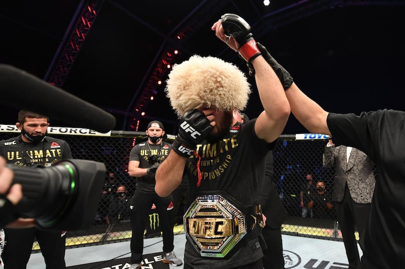 ABU DHABI, UNITED ARAB EMIRATES - OCTOBER 25:  Khabib Nurmagomedov of Russia celebrates his victory over Justin Gaethje in their lightweight title bout during the UFC 254 event on October 25, 2020 on UFC Fight Island, Abu Dhabi, United Arab Emirates. (Photo by Josh Hedges/Zuffa LLC via Getty Images)