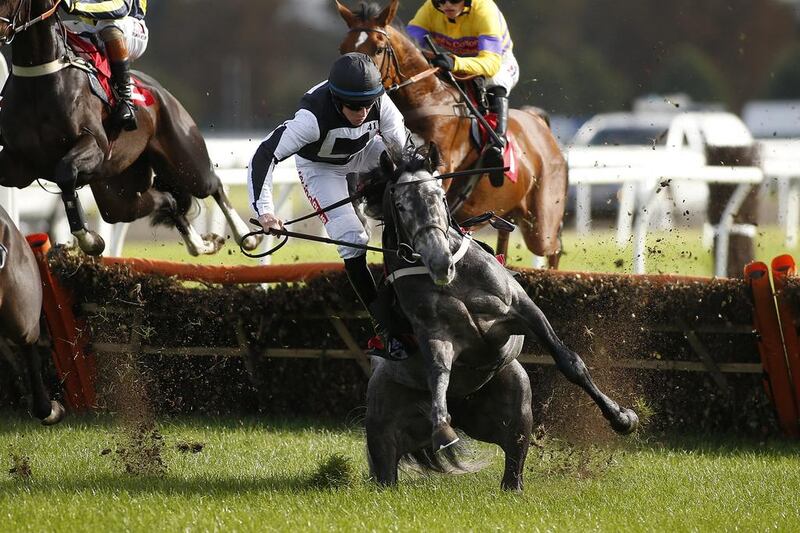 Gavin Sheehan riding Masterson falls over a hurdle at Kempton Park, Sunbury, England. Alan Crowhurst / Getty Images