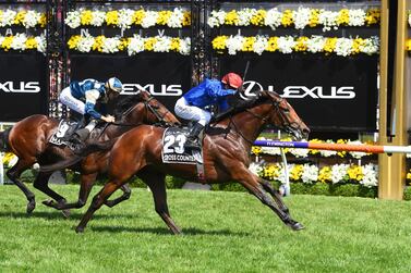Cross Counter, ridden by Kerrin McEvoy, wins the Melbourne Cup for Godolphin in November. Getty