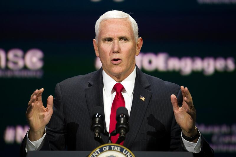 Vice President Mike Pence addresses the Atlantic Council's "NATO Engages The Alliance at 70" conference, in Washington, Wednesday, April 3, 2019. (AP Photo/Cliff Owen)