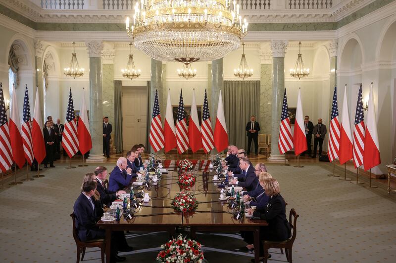 Mr Biden and Mr Duda participate in a bilateral meeting at the Presidential Palace. Reuters