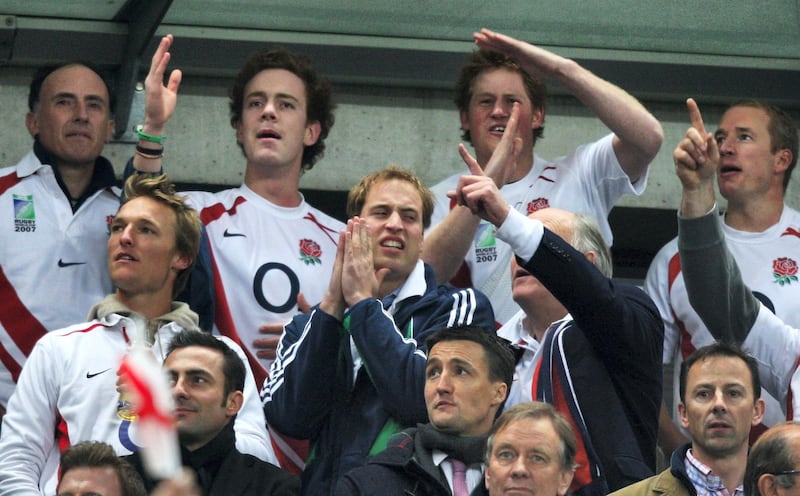 SAINT-DENIS, FRANCE - OCTOBER 20:  Prince William and Prince Harry celebrate a try that was to be disallowed during the 2007 Rugby World Cup Final between England and South Africa at the Stade de France on October 20, 2007 in Saint-Denis, France. (Photo by David Rogers/Getty Images)