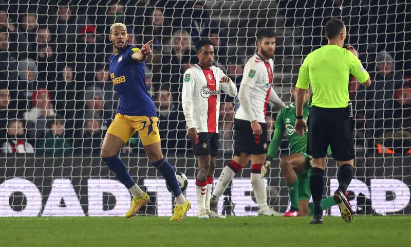 Newcastle's Joelinton celebrates before his earlier effort was disallowed. Reuters