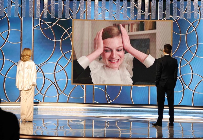 Emma Corrin accepts the Best Television Actress - Drama Series award for 'The Crown' via video at the 78th Annual Golden Globe Awards. AFP / NBCUniversal