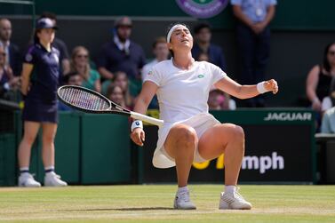 Tunisia's Ons Jabeur celebrates winning the women's singles third round match against Spain's Garbine Muguruza on day five of the Wimbledon Tennis Championships in London, Friday July 2, 2021.  (AP Photo / Kirsty Wigglesworth)