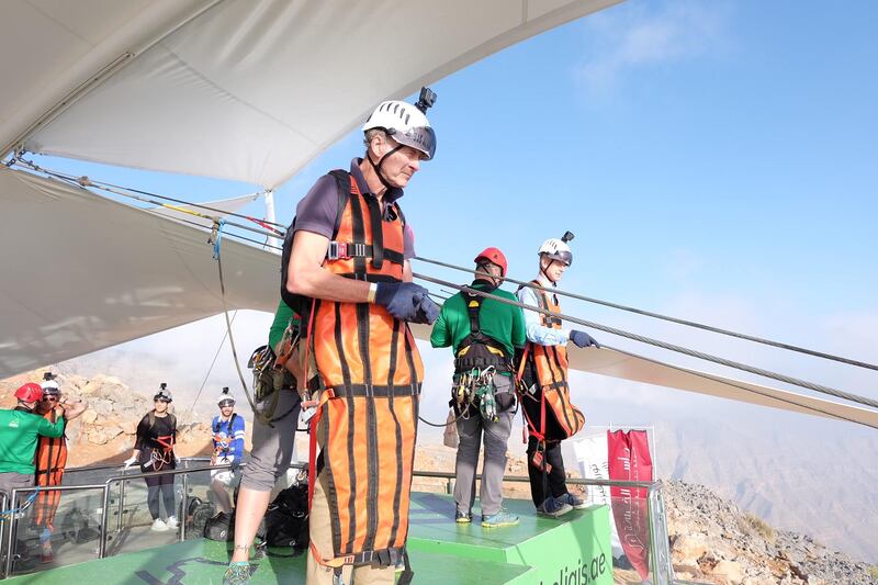 Fiennes prepares to go down the world's longest zip line at Ras Al Khaimah. Ras Al Khaimah Tourism