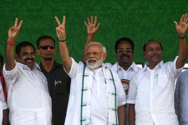 Indian Prime Minister Narendra Modi gestures during a National Democratic Alliance rally in Chennai. AFP