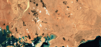 Progress on The Line at Neom in Saudi Arabia from January 2022 to 2023 as seen from space. Photo: EO Sentinel Hub, Copernicus
