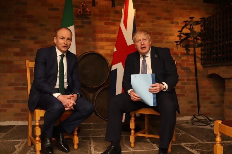 Irish Prime Minister Micheal Martin, left, and British premier Boris Johnson in London on March 12. PA