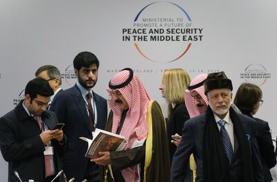 WARSAW, POLAND - FEBRUARY 14:  Participants arrive for the opening session of the Ministerial to Promote a Future of Peace and Security in the Middle East on February 14, 2019 in Warsaw, Poland. The ministerial is a conference on the Middle East sponsored by the Polish and U.S. governments. Many European countries are only sending junior representatives or leaving the two-day conference early as E.U. and U.S. policies towards the Middle East and Iran have increasingly diverged since the Trump administration took power. (Photo by Sean Gallup/Getty Images)