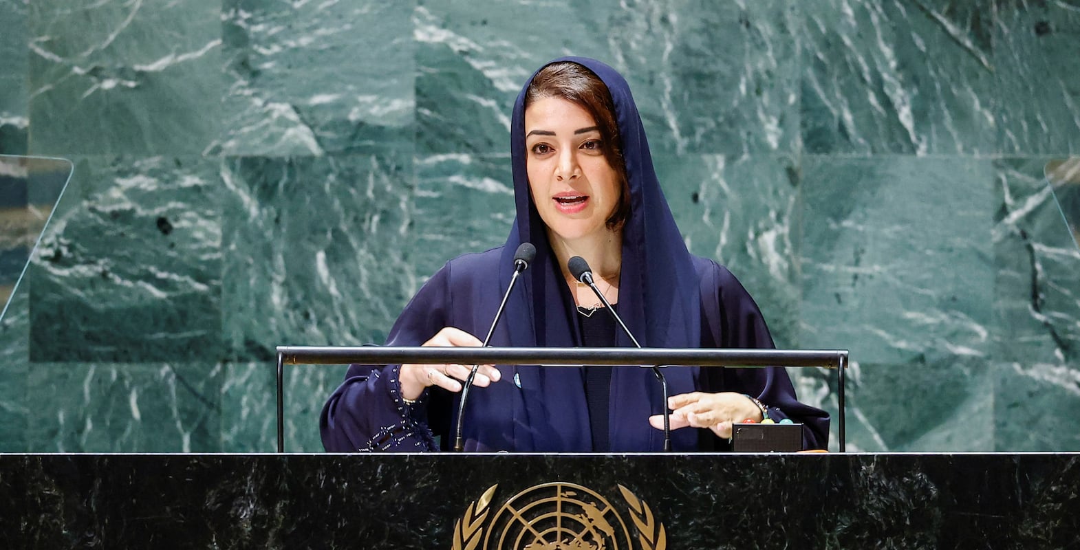 UAE Minister of State for International Cooperation Reem Ebrahim Al Hashimy addresses the 78th Session of the U. N.  General Assembly in New York City, U. S. , September 23, 2023.   REUTERS / Eduardo Munoz