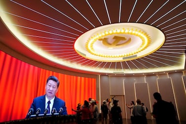 Chinese President Xi Jinping is shown on a screen during an event marking the 100th founding anniversary of the Communist Party, in Shanghai, China. Reuters
