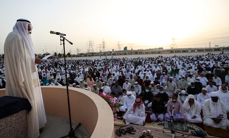 Emirate cleric Aref Sheikh leads the Eid Al-Fitr prayer at Nad Al Hammar Eid Musalla in Dubai, United Arab Emirates. EPA