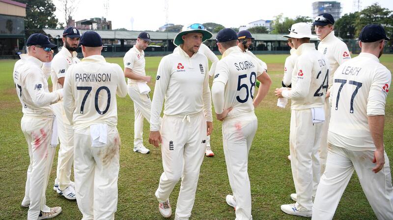 COLOMBO, SRI LANKA - MARCH 13: England captain Joe Root leads his team from the field after the tour match between SLC Board President's XI and England abandoned at P Sara Oval on March 13, 2020 in Colombo, Sri Lanka. (Photo by Gareth Copley/Getty Images)