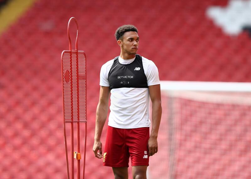 LIVERPOOL, ENGLAND - MAY 21:  Trent Alexander-Arnold of Liverpool looks on during a training session at Anfield on May 21, 2018 in Liverpool, England.  (Photo by Jan Kruger/Getty Images)