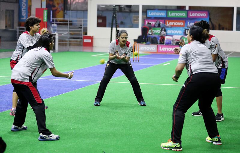 DUBAI , UNITED ARAB EMIRATES , SEP 4  – 2017 :- Natasha Michael , Captain ( center ) of UAE women’s cricket national team during the training with her team members ahead of the indoor cricket World Cup at the Insportz Club in Dubai. ( Pawan Singh / The National ) Story by Paul Radley