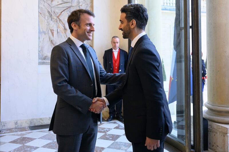 Sheikh Hamdan bin Mohamed is received by Mr Macron at the Elysee Palace