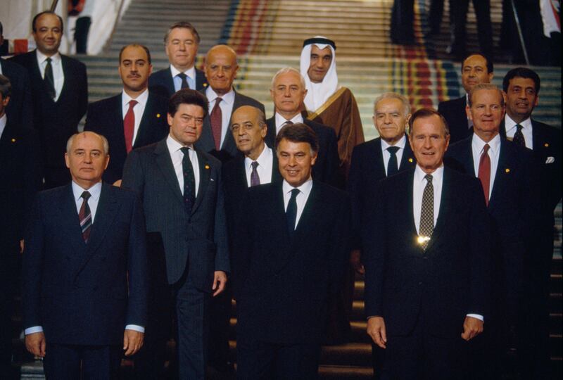 Delegates attend the 1991 Madrid Peace Conference. The 1991 conference for the Middle East was the first time Israel, Syria, Lebanon, Jordan, and the Palestinians all came together for negotiations. Pictured from left are Soviet President Mr Gorbachev, Soviet Foreign Minister Boris Pankin, Spanish Prime Minister Felipe Gonzalez, Israeli Prime Minister Yitzhak Shamir, US President George Bush, US Secretary of State James Baker, Egyptian Foreign Minister Amr Moussa, Palestinian delegate Abdel Haidar Shafi, and Jordanian Foreign Minister Kamel Abu Jaber. Getty Images