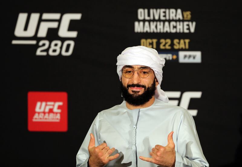Belal Muhammad speaks to the media ahead of his fight against Sean Brady at UFC 280.